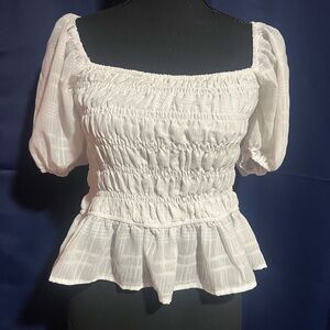 entro White Smocked Peplum Puff Sleeve Blouse CROP